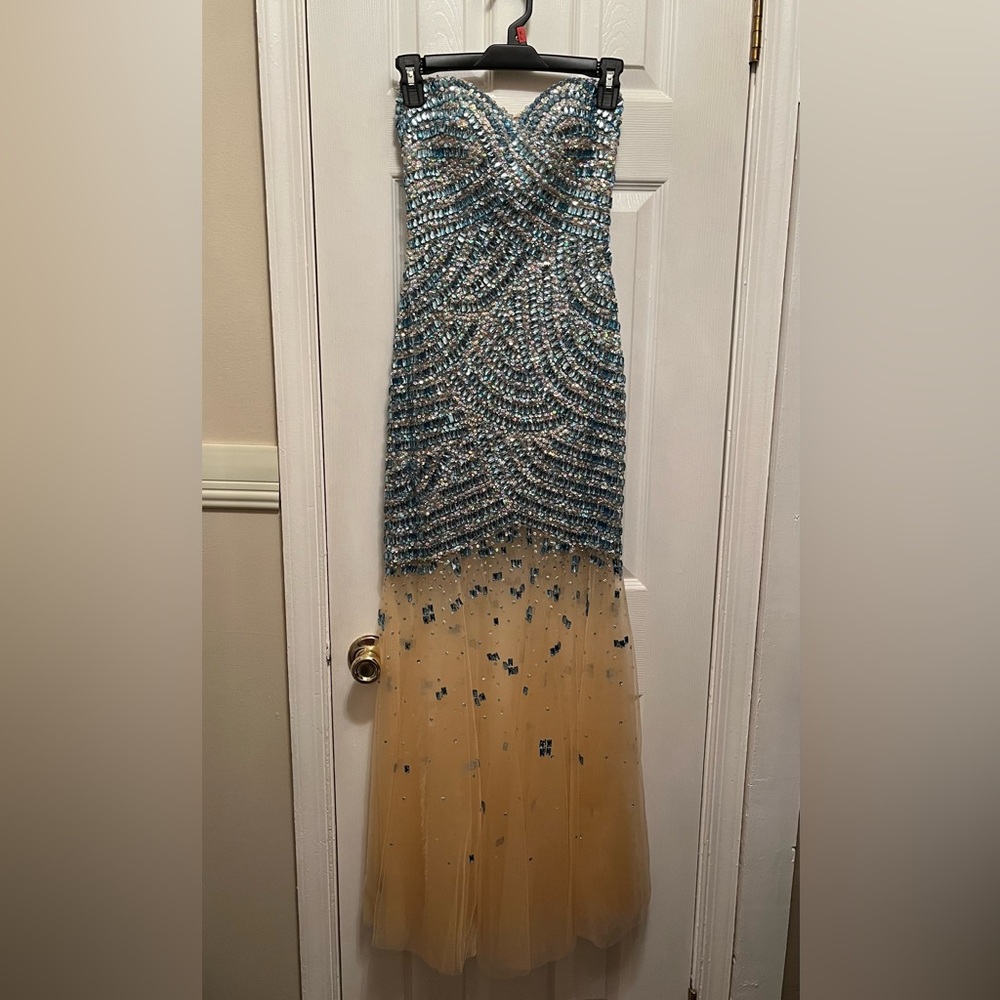 Elegant Blue and Tan Strapless Evening Gown